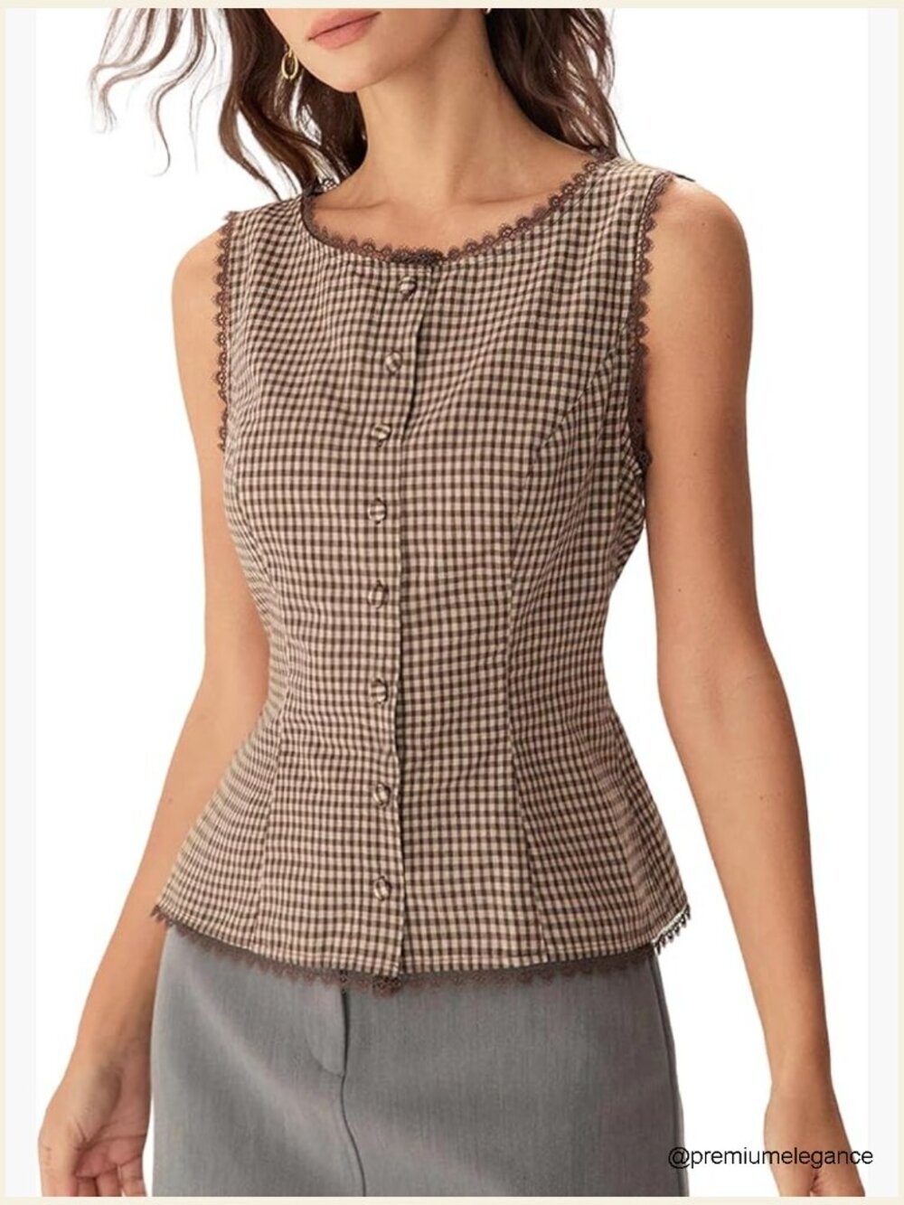Plaid Button Tank Top Sleeveless Lace Trim Vest Crop Y2k Casual Top